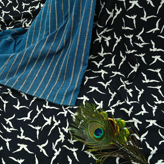 Indian Vintage Blue & Black Saree Hand Block Printed 100% Pure Cotton Sari Soft Craft Fabric 5Yd Dress making Crafting Upcycle Quilting