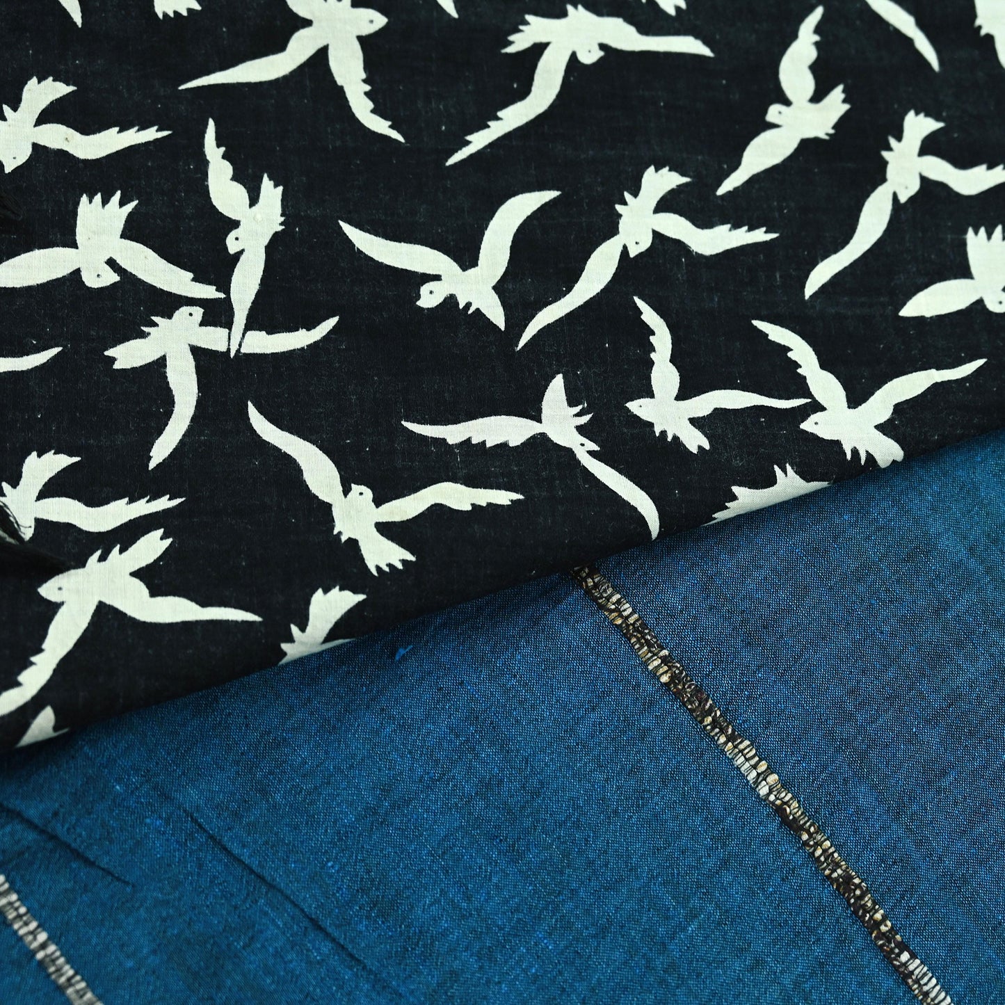 Indian Vintage Blue & Black Saree Hand Block Printed 100% Pure Cotton Sari Soft Craft Fabric 5Yd Dress making Crafting Upcycle Quilting