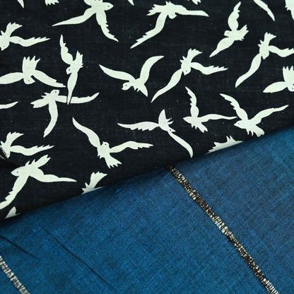 Indian Vintage Blue & Black Saree Hand Block Printed 100% Pure Cotton Sari Soft Craft Fabric 5Yd Dress making Crafting Upcycle Quilting