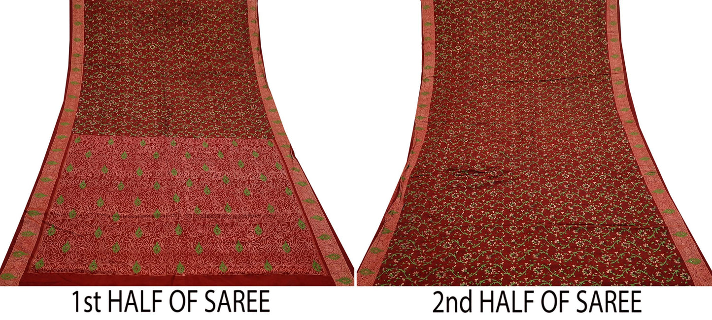 Indian Vintage Sari Maroon 100% Pure Silk Hand Woven Painted Sarees Craft Fabric 5Yd Ethnic Sewing Dress making Crafting Quilting