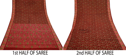 Indian Vintage Sari Maroon 100% Pure Silk Hand Woven Painted Sarees Craft Fabric 5Yd Ethnic Sewing Dress making Crafting Quilting