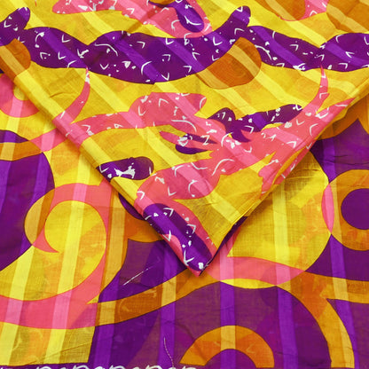 Indian Vintage Sari Purple & yellow Printed Sarees Pure Cotton Craft Fabric 5Yd Soft Sewing Sarong Wrap Boho Upcycle Quilting Crafting Used