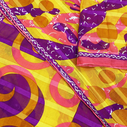 Indian Vintage Sari Purple & yellow Printed Sarees Pure Cotton Craft Fabric 5Yd Soft Sewing Sarong Wrap Boho Upcycle Quilting Crafting Used