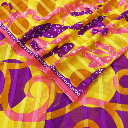 Indian Vintage Sari Purple & yellow Printed Sarees Pure Cotton Craft Fabric 5Yd Soft Sewing Sarong Wrap Boho Upcycle Quilting Crafting Used