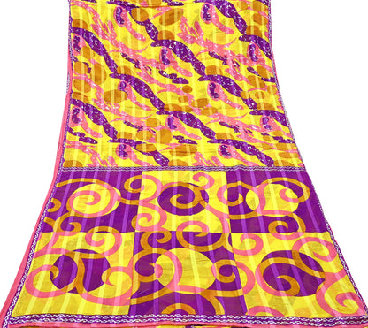 Indian Vintage Sari Purple & yellow Printed Sarees Pure Cotton Craft Fabric 5Yd Soft Sewing Sarong Wrap Boho Upcycle Quilting Crafting Used
