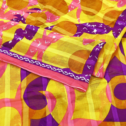 Indian Vintage Sari Purple & yellow Printed Sarees Pure Cotton Craft Fabric 5Yd Soft Sewing Sarong Wrap Boho Upcycle Quilting Crafting Used