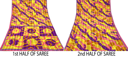 Indian Vintage Sari Purple & yellow Printed Sarees Pure Cotton Craft Fabric 5Yd Soft Sewing Sarong Wrap Boho Upcycle Quilting Crafting Used