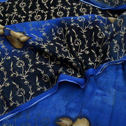 Indian Vintage Blue & Black Saree Printed Pure Cotton Sari Craft Fabric 5Yd Soft Sewing Sarong Wrap Boho Floral Dress Making Quilting