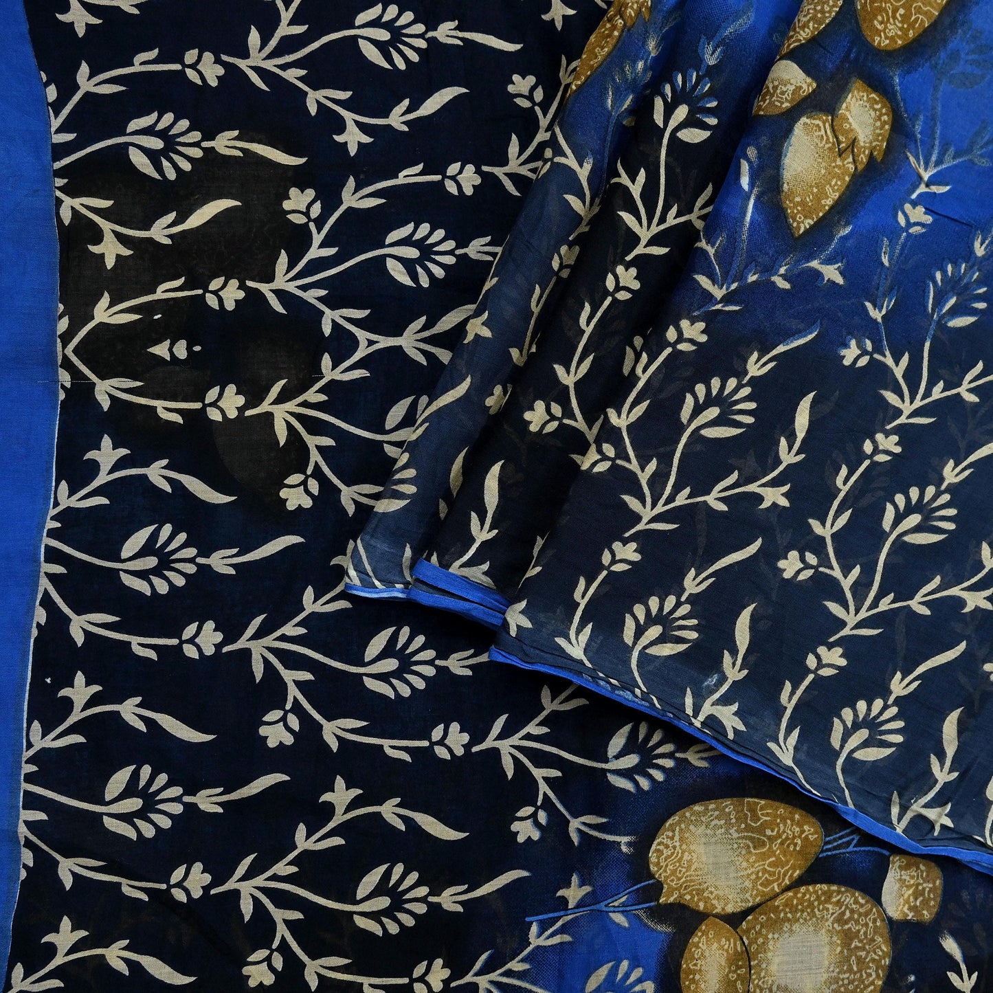 Indian Vintage Blue & Black Saree Printed Pure Cotton Sari Craft Fabric 5Yd Soft Sewing Sarong Wrap Boho Floral Dress Making Quilting