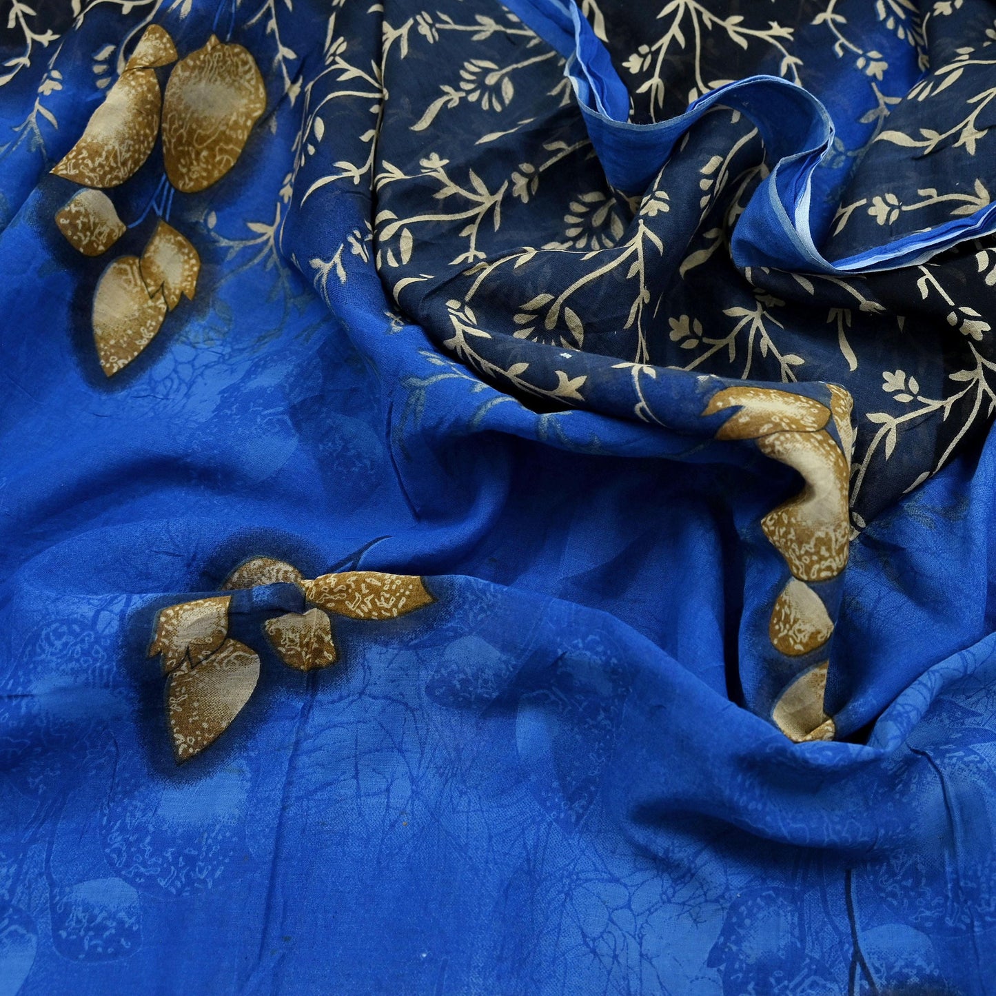 Indian Vintage Blue & Black Saree Printed Pure Cotton Sari Craft Fabric 5Yd Soft Sewing Sarong Wrap Boho Floral Dress Making Quilting