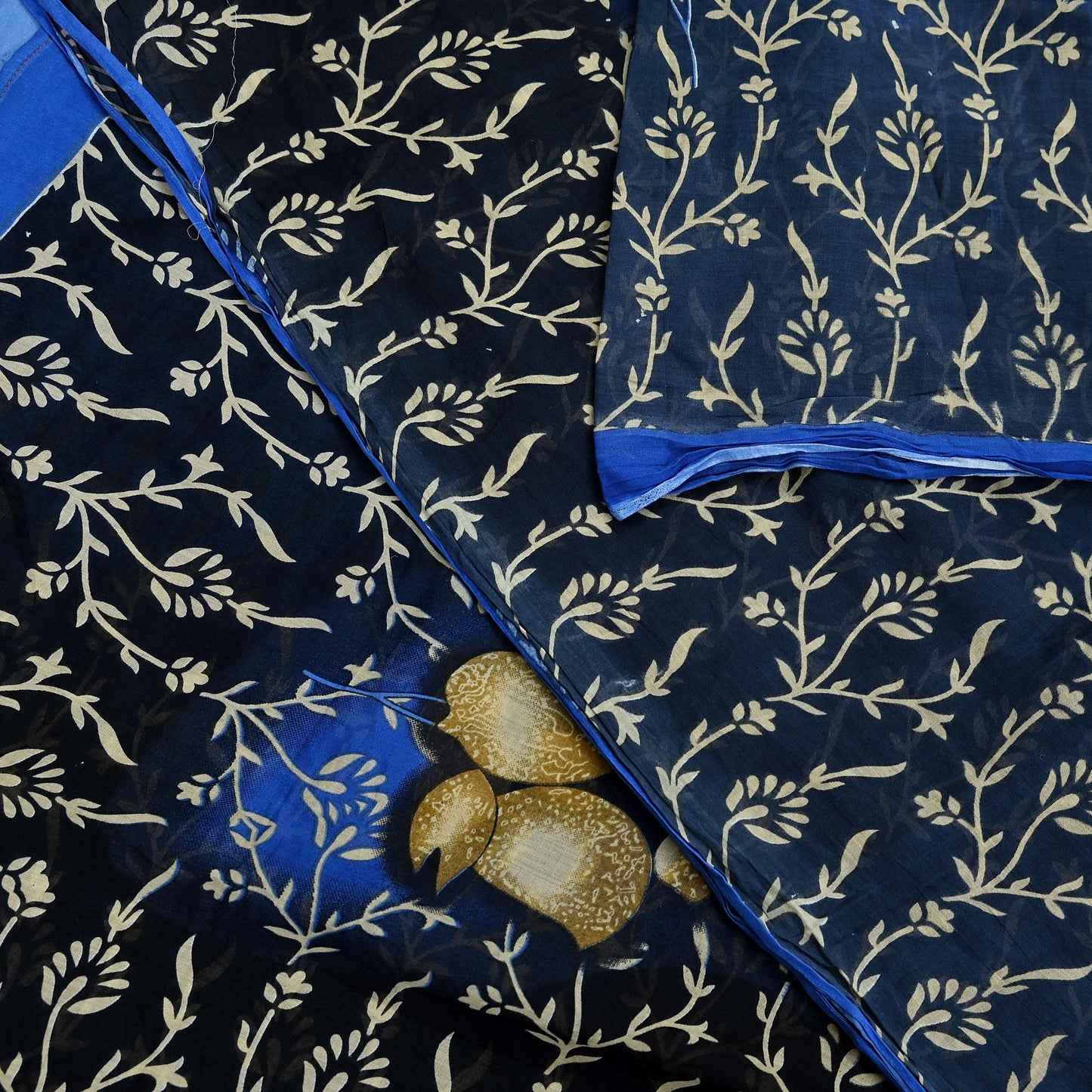 Indian Vintage Blue & Black Saree Printed Pure Cotton Sari Craft Fabric 5Yd Soft Sewing Sarong Wrap Boho Floral Dress Making Quilting