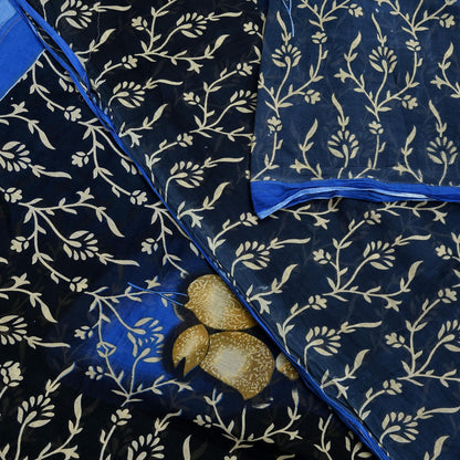 Indian Vintage Blue & Black Saree Printed Pure Cotton Sari Craft Fabric 5Yd Soft Sewing Sarong Wrap Boho Floral Dress Making Quilting