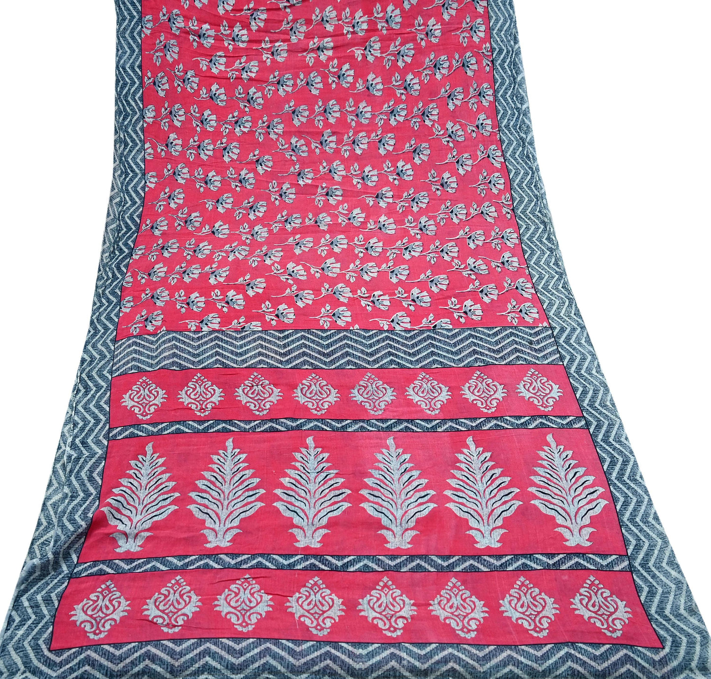 Indian Vintage Sari Pink & Gray Printed 100% Pure Cotton Saree Craft Fabric 5Yd Soft Sewing Sarong Wrap Boho Dress Making Crafting Quilting