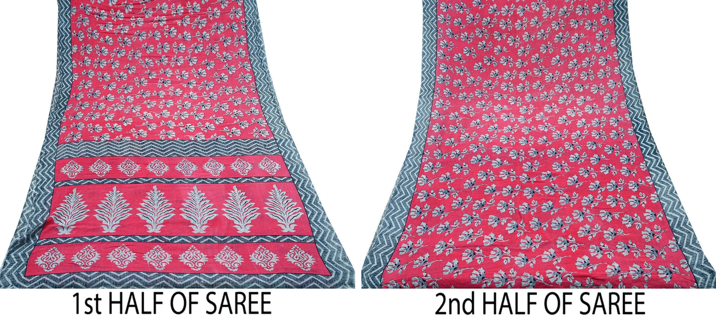 Indian Vintage Sari Pink & Gray Printed 100% Pure Cotton Saree Craft Fabric 5Yd Soft Sewing Sarong Wrap Boho Dress Making Crafting Quilting