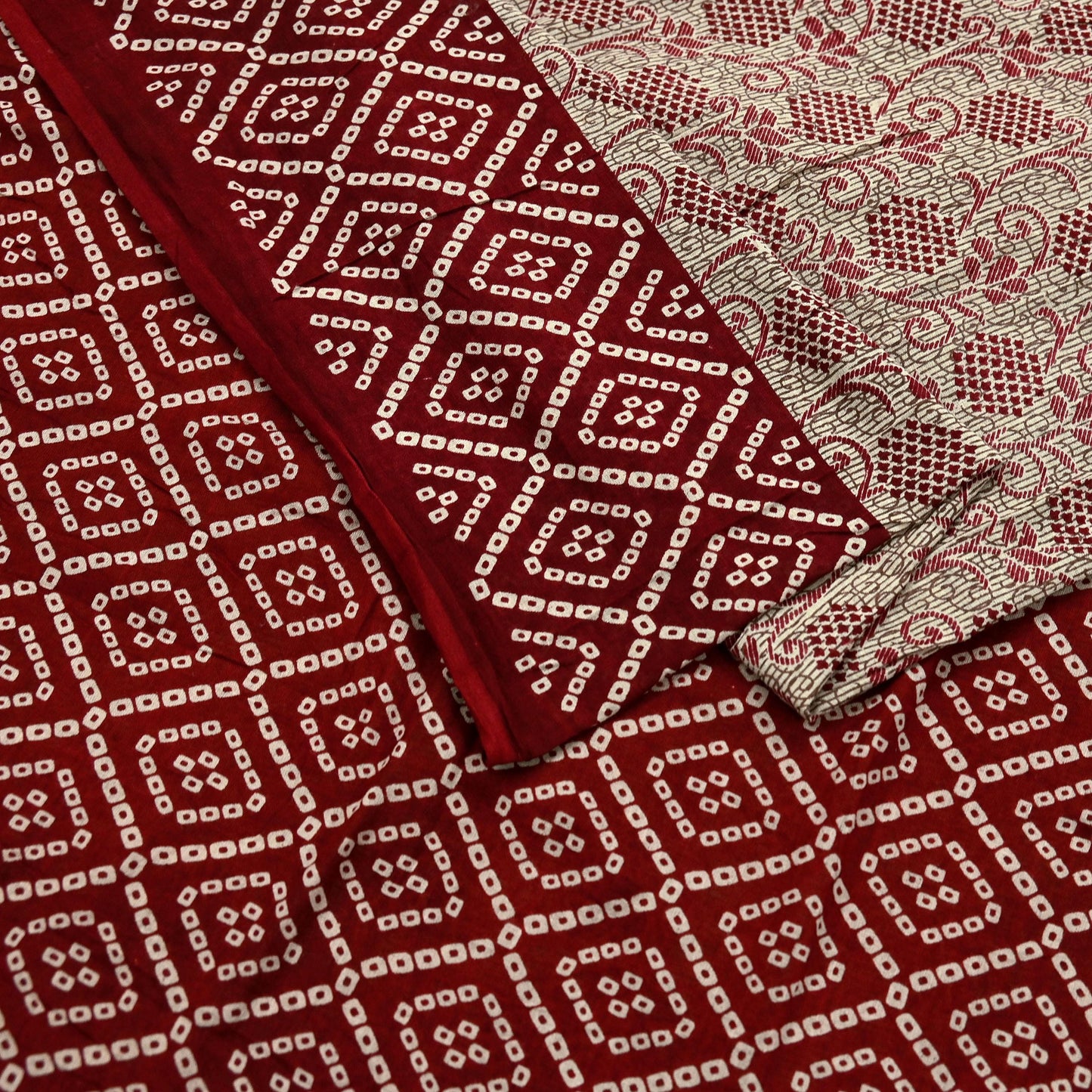 Indian Vintage Sari Maroon & Beige Pure Cotton Bandhani Printed Sarees 5yd Sewing Craft Fabric Dress Making Soft Sarong Quilting Crafting