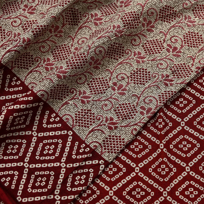 Indian Vintage Sari Maroon & Beige Pure Cotton Bandhani Printed Sarees 5yd Sewing Craft Fabric Dress Making Soft Sarong Quilting Crafting
