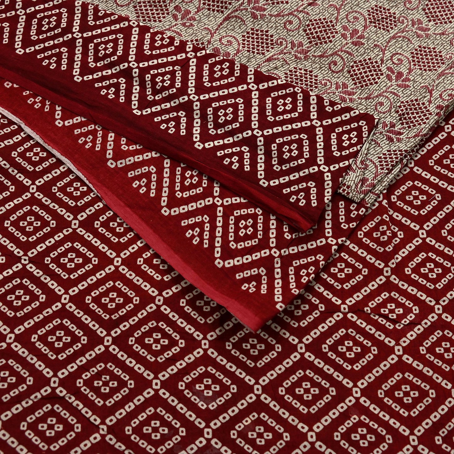 Indian Vintage Sari Maroon & Beige Pure Cotton Bandhani Printed Sarees 5yd Sewing Craft Fabric Dress Making Soft Sarong Quilting Crafting
