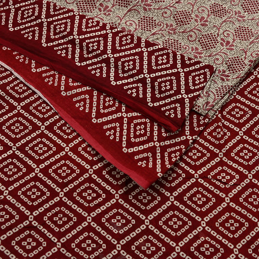 Indian Vintage Sari Maroon & Beige Pure Cotton Bandhani Printed Sarees 5yd Sewing Craft Fabric Dress Making Soft Sarong Quilting Crafting