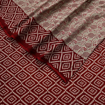 Indian Vintage Sari Maroon & Beige Pure Cotton Bandhani Printed Sarees 5yd Sewing Craft Fabric Dress Making Soft Sarong Quilting Crafting