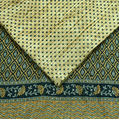 Indian Vintage Sari Beige & Green Pure Cotton Printed Sarees Craft Fabric Soft 5Yd Sarong Wrap Boho Fabric Kimono Quilting Crafting Upcycle