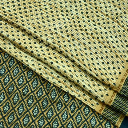 Indian Vintage Sari Beige & Green Pure Cotton Printed Sarees Craft Fabric Soft 5Yd Sarong Wrap Boho Fabric Kimono Quilting Crafting Upcycle