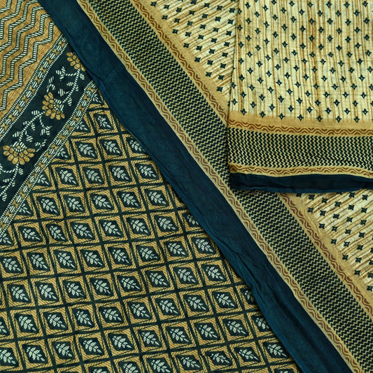 Indian Vintage Sari Beige & Green Pure Cotton Printed Sarees Craft Fabric Soft 5Yd Sarong Wrap Boho Fabric Kimono Quilting Crafting Upcycle