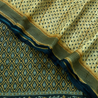 Indian Vintage Sari Beige & Green Pure Cotton Printed Sarees Craft Fabric Soft 5Yd Sarong Wrap Boho Fabric Kimono Quilting Crafting Upcycle