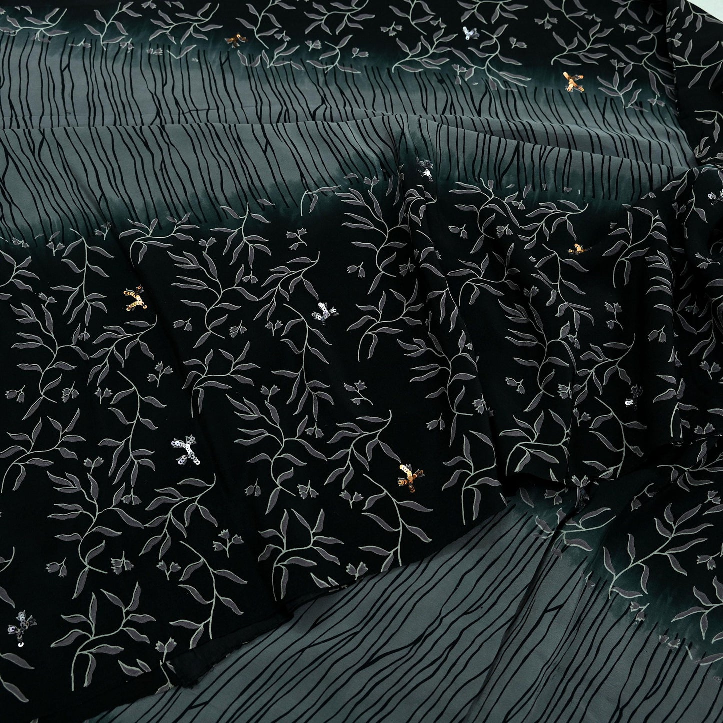 Indian Vintage Sari Black & Gray Pure Crepe Silk Hand Embroidered Saree 5yd Sewing Floral Craft Sequins Dress making Crafting Quilting