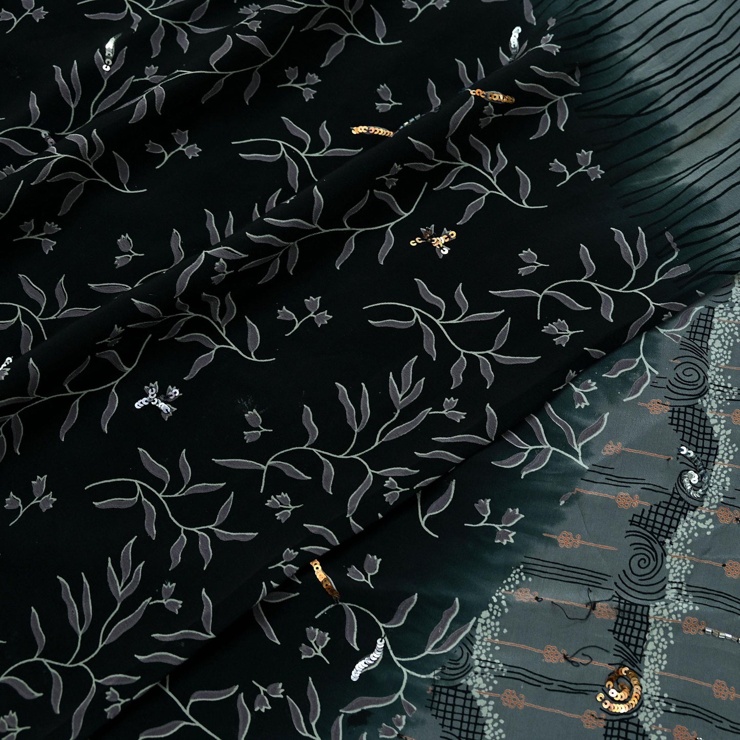 Indian Vintage Sari Black & Gray Pure Crepe Silk Hand Embroidered Saree 5yd Sewing Floral Craft Sequins Dress making Crafting Quilting