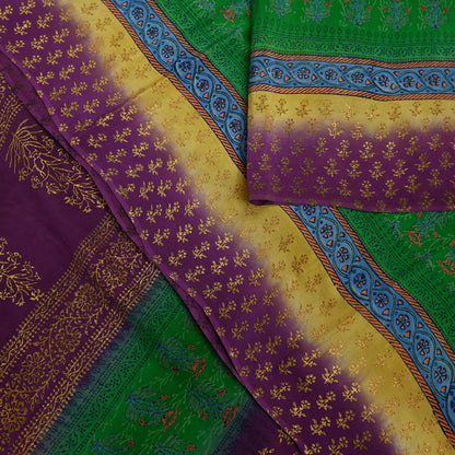 Indian Vintage Sari Green & Purple Pure Crepe Silk Hand Painted Saree 5yd Sewing Floral Craft Fabric Wrap Dress Making Quilting Crafting