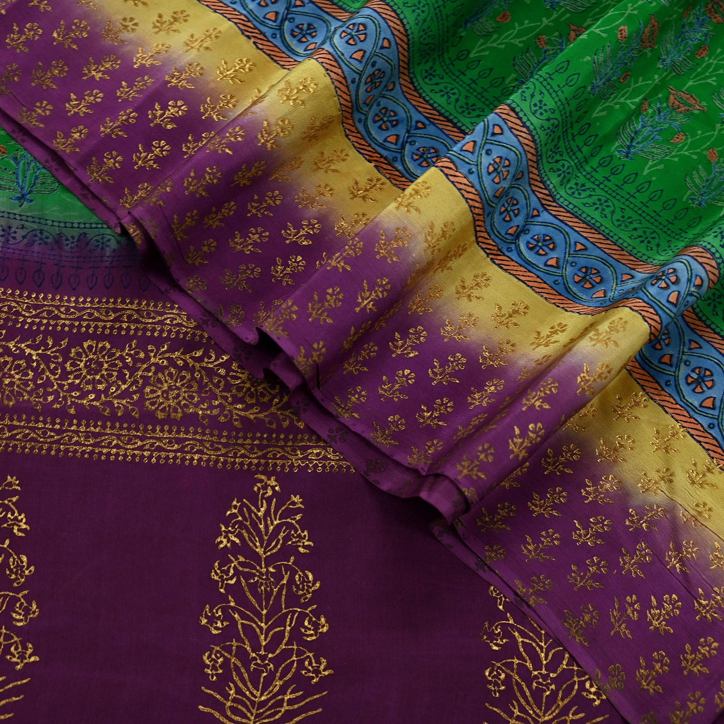 Indian Vintage Sari Green & Purple Pure Crepe Silk Hand Painted Saree 5yd Sewing Floral Craft Fabric Wrap Dress Making Quilting Crafting