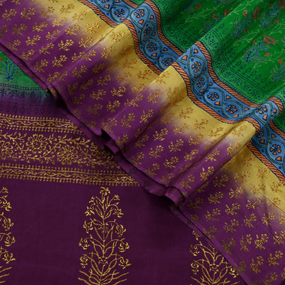 Indian Vintage Sari Green & Purple Pure Crepe Silk Hand Painted Saree 5yd Sewing Floral Craft Fabric Wrap Dress Making Quilting Crafting