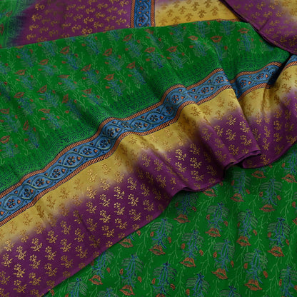 Indian Vintage Sari Green & Purple Pure Crepe Silk Hand Painted Saree 5yd Sewing Floral Craft Fabric Wrap Dress Making Quilting Crafting
