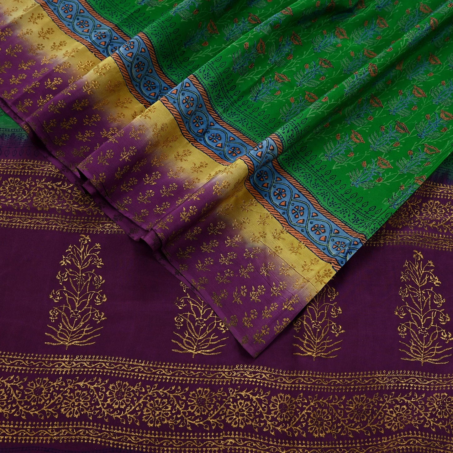 Indian Vintage Sari Green & Purple Pure Crepe Silk Hand Painted Saree 5yd Sewing Floral Craft Fabric Wrap Dress Making Quilting Crafting
