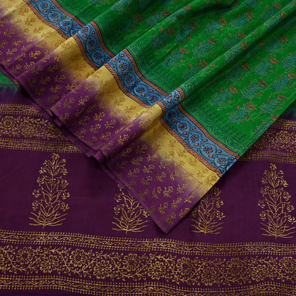 Indian Vintage Sari Green & Purple Pure Crepe Silk Hand Painted Saree 5yd Sewing Floral Craft Fabric Wrap Dress Making Quilting Crafting