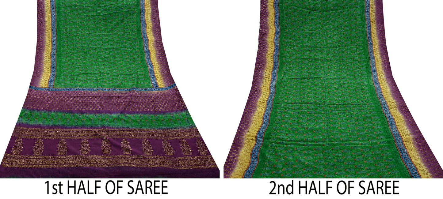 Indian Vintage Sari Green & Purple Pure Crepe Silk Hand Painted Saree 5yd Sewing Floral Craft Fabric Wrap Dress Making Quilting Crafting