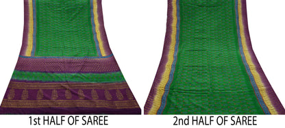 Indian Vintage Sari Green & Purple Pure Crepe Silk Hand Painted Saree 5yd Sewing Floral Craft Fabric Wrap Dress Making Quilting Crafting