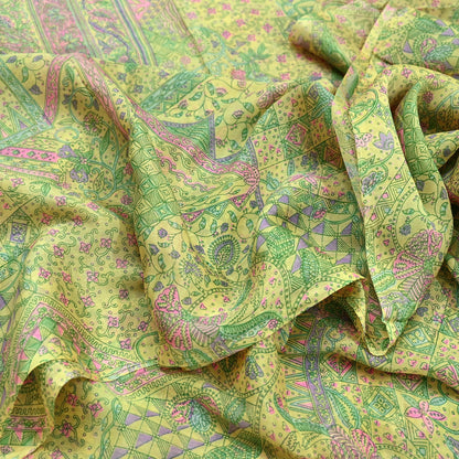 Indian Vintage Sari Yellow Pure Silk Printed Sarees 6yd Sewing Craft Fabric Dress Making Soft Quilting Crafting Upcycle Dress Designing