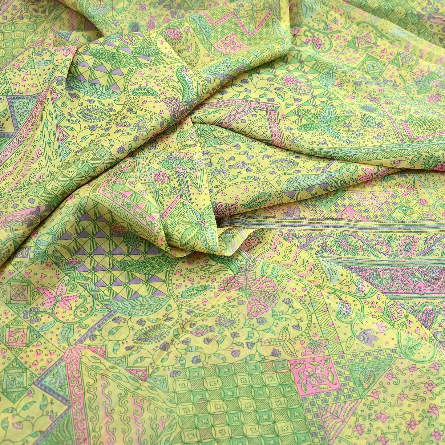 Indian Vintage Sari Yellow Pure Silk Printed Sarees 6yd Sewing Craft Fabric Dress Making Soft Quilting Crafting Upcycle Dress Designing