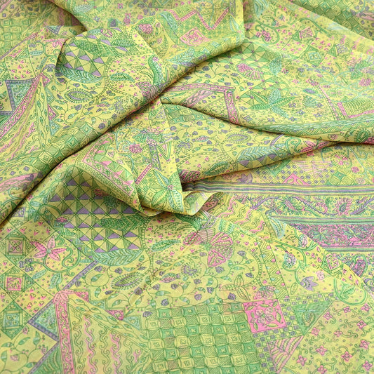Indian Vintage Sari Yellow Pure Silk Printed Sarees 6yd Sewing Craft Fabric Dress Making Soft Quilting Crafting Upcycle Dress Designing