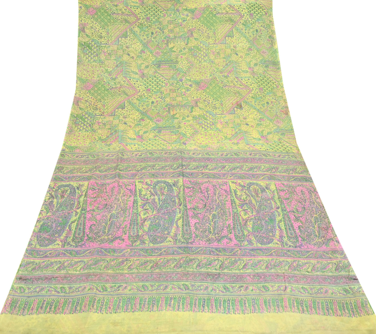 Indian Vintage Sari Yellow Pure Silk Printed Sarees 6yd Sewing Craft Fabric Dress Making Soft Quilting Crafting Upcycle Dress Designing