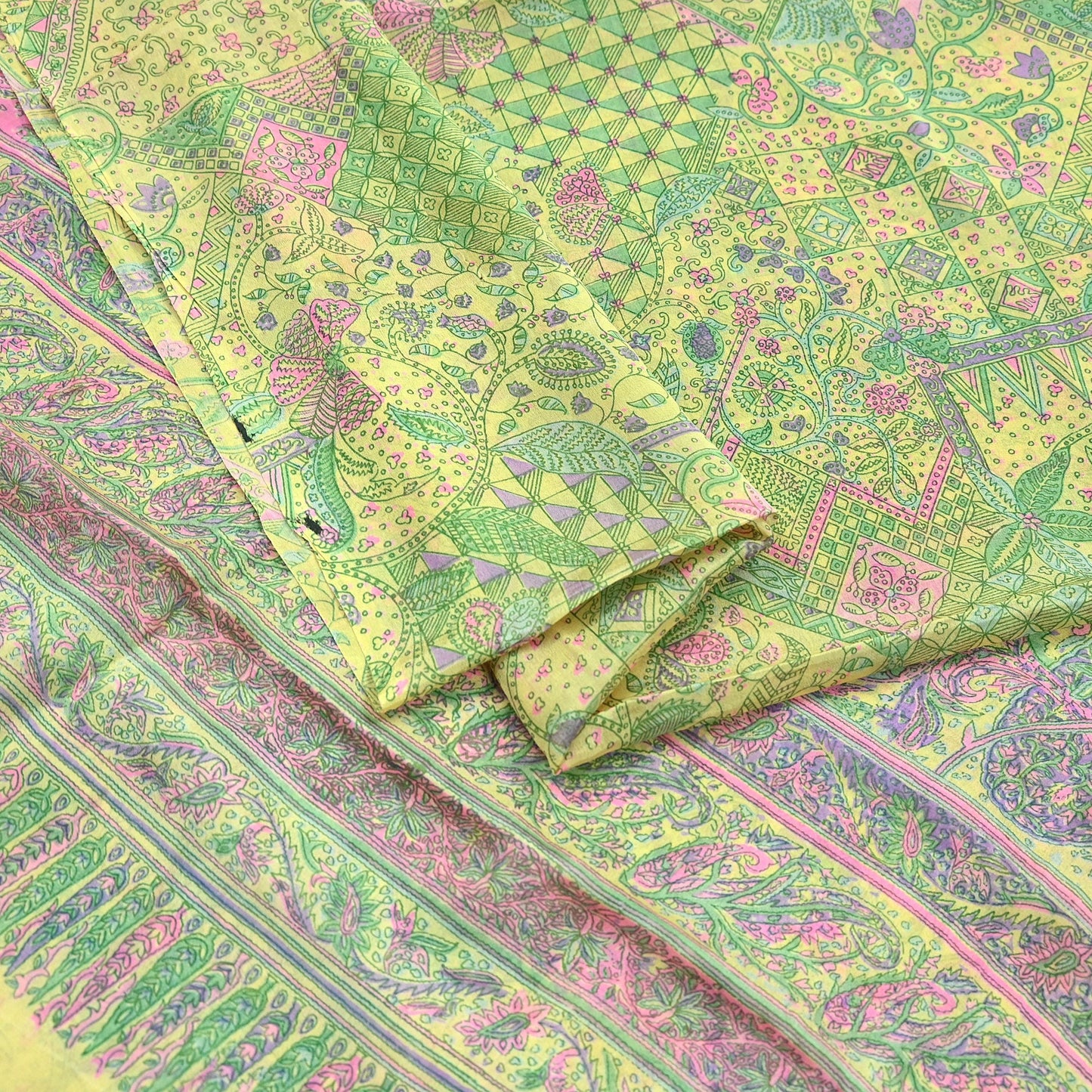 Indian Vintage Sari Yellow Pure Silk Printed Sarees 6yd Sewing Craft Fabric Dress Making Soft Quilting Crafting Upcycle Dress Designing