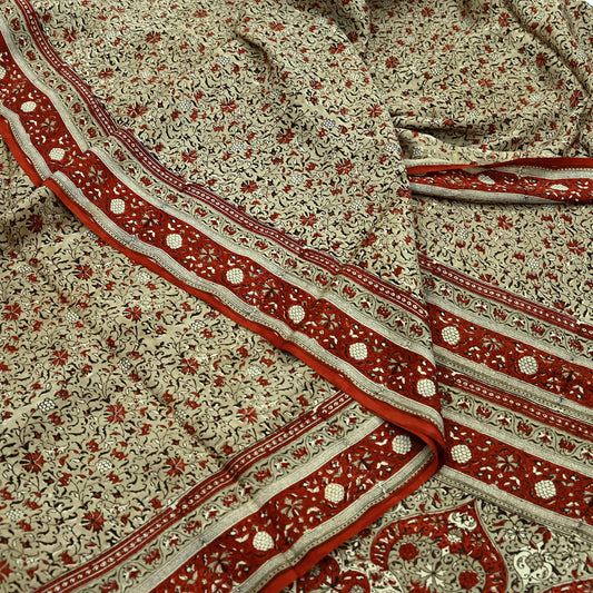 Indian Vintage Sari Beige 100% Pure Silk Block Printed Saree Craft Fabric 5yd Sewing DressMaking Soft Floral Dress making Crafting Quilting