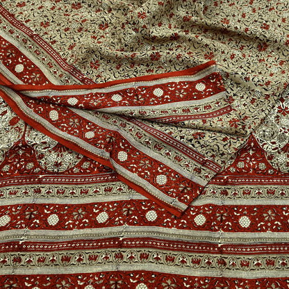 Indian Vintage Sari Beige 100% Pure Silk Block Printed Saree Craft Fabric 5yd Sewing DressMaking Soft Floral Dress making Crafting Quilting