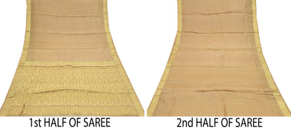 Indian Vintage Sari Beige Pure Organza Silk Hand Woven Sarees 5Yd Zari Border Ethnic Craft Fabric Bollywood Sarees Quilting Crafting Upcycle