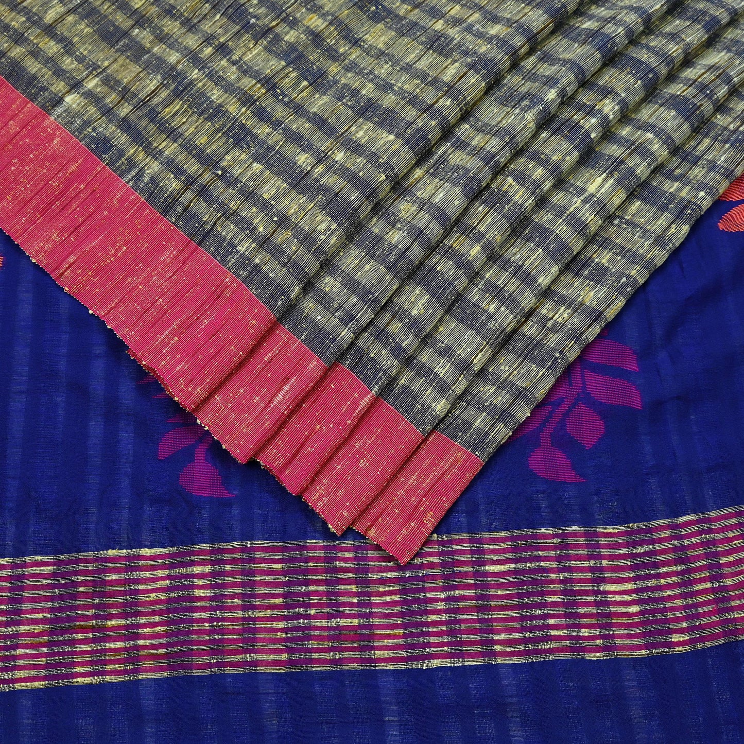 Indian Vintage Sari Beige & Blue Pure Cotton Hand Woven Sarees Craft Fabric 5yd Ethnic Crafting Quilting Dress Making Matching Blouse Fabric