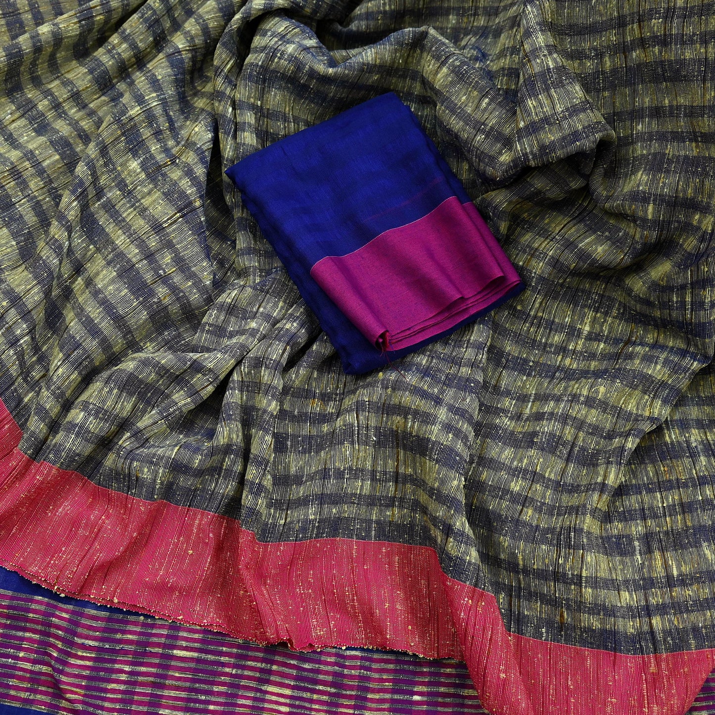 Indian Vintage Sari Beige & Blue Pure Cotton Hand Woven Sarees Craft Fabric 5yd Ethnic Crafting Quilting Dress Making Matching Blouse Fabric