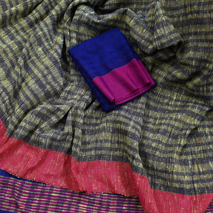 Indian Vintage Sari Beige & Blue Pure Cotton Hand Woven Sarees Craft Fabric 5yd Ethnic Crafting Quilting Dress Making Matching Blouse Fabric