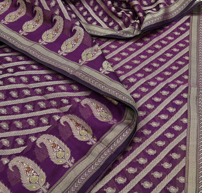 Indian Vintage Sari Purple 100% Pure Silk Hand Woven Sarees Craft Fabric 5Yd Ethnic Sewing Dress making Crafting Quilting Upcycle