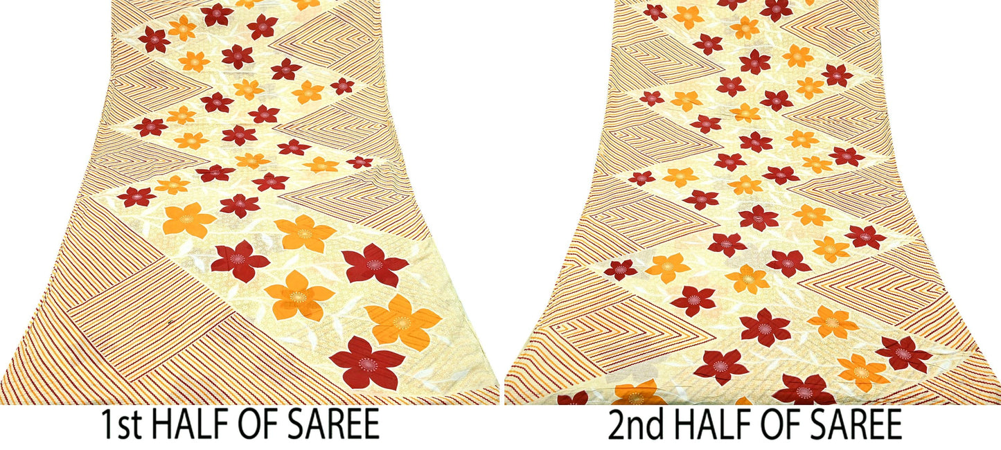 Indian Vintage Sari Ivory Printed Pure Cotton Sarees Craft Fabric Soft Floral 5Yd Sarong Wrap Boho Kimono Dress making Quilting Crafting